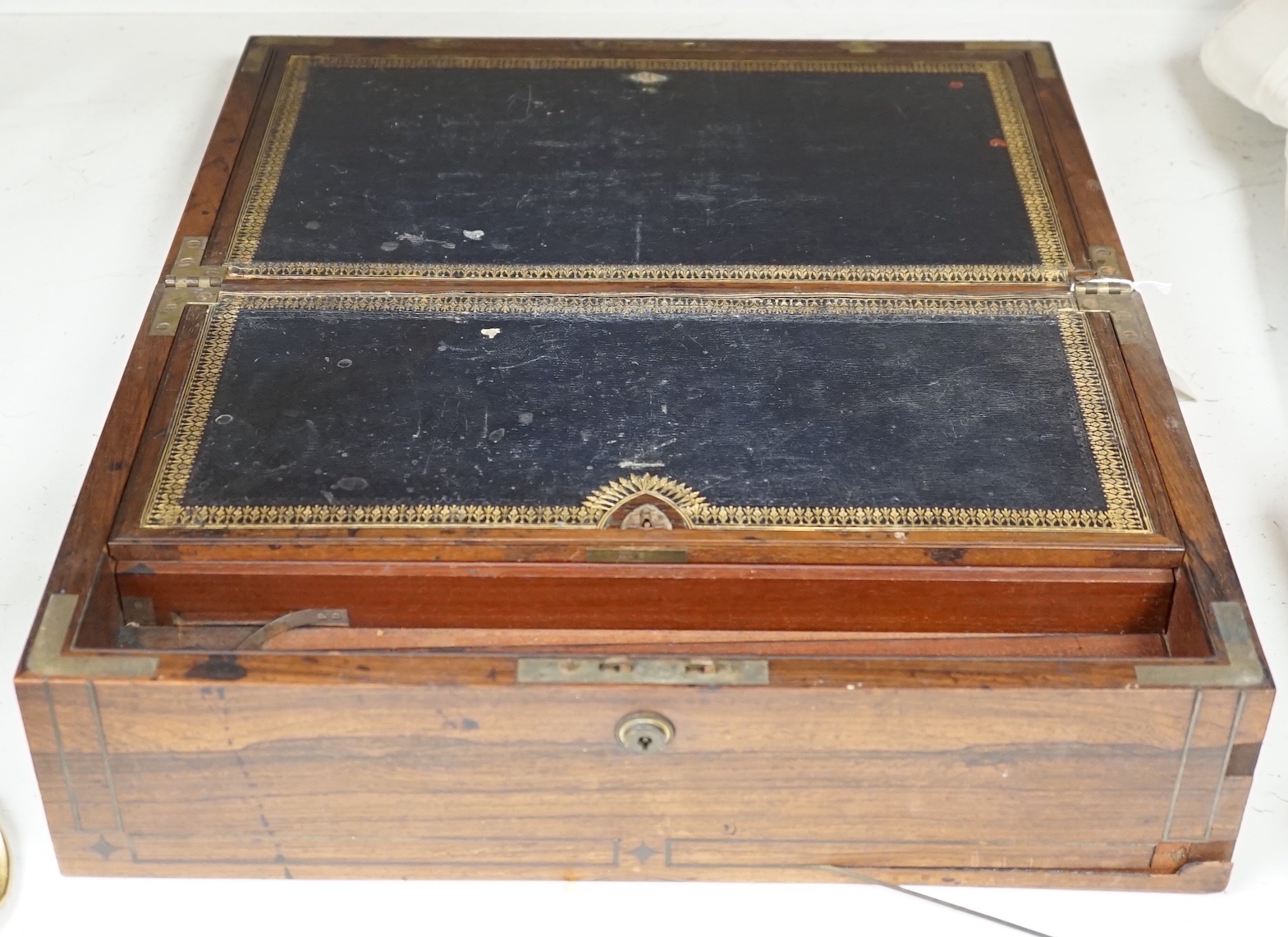 A Victorian rosewood veneered and brass strung writing slope, 43cm